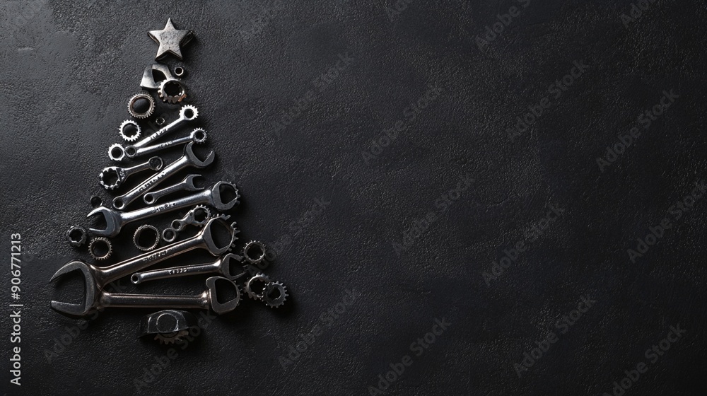 © Maria Mikhaylichenko - Creative Christmas tree made of various metal tools and wrenches on dark background, topped with silver star, symbolizing mechanic's holiday spirit. © Maria Mikhaylichenko - Creative Christmas tree made of various metal tools and wrenches on dark background, topped with silver star, symbolizing mechanic's holiday spirit.