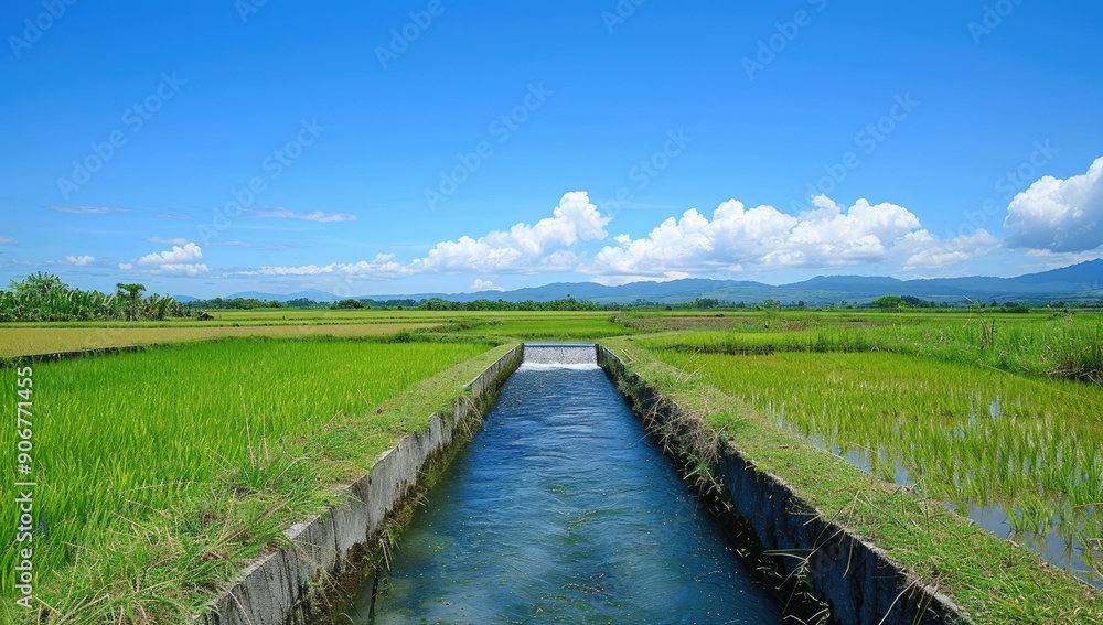 Water Channel Through Lush Rice Paddies Water Channel Through Lush Rice Paddies