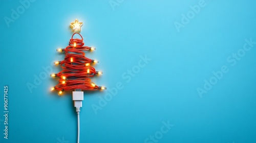 Creative Christmas tree made of red cable with glowing lights and star, plugged into power outlet on vibrant blue background. Festive tech concept. Copy space photo