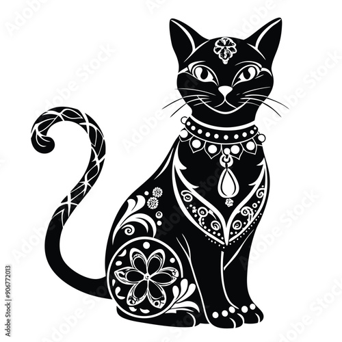 Black Cat with Ornamental Design and Jewelery
