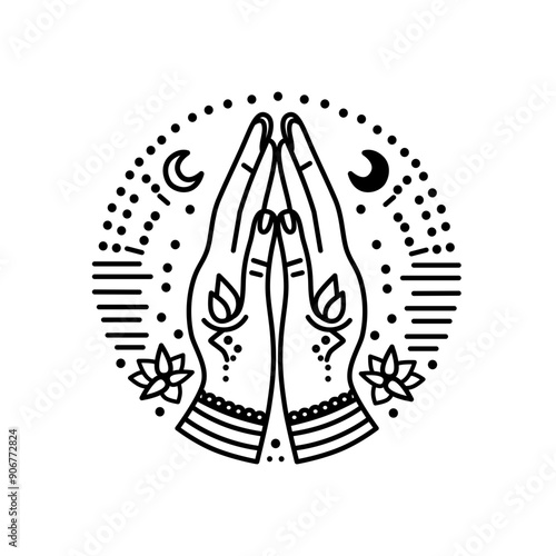 Minimalistic line art illustration depicting praying hands surrounded by spiritual symbols, including a crescent moon, dots, and lotus flowers. Hindu believes. Namaste. 