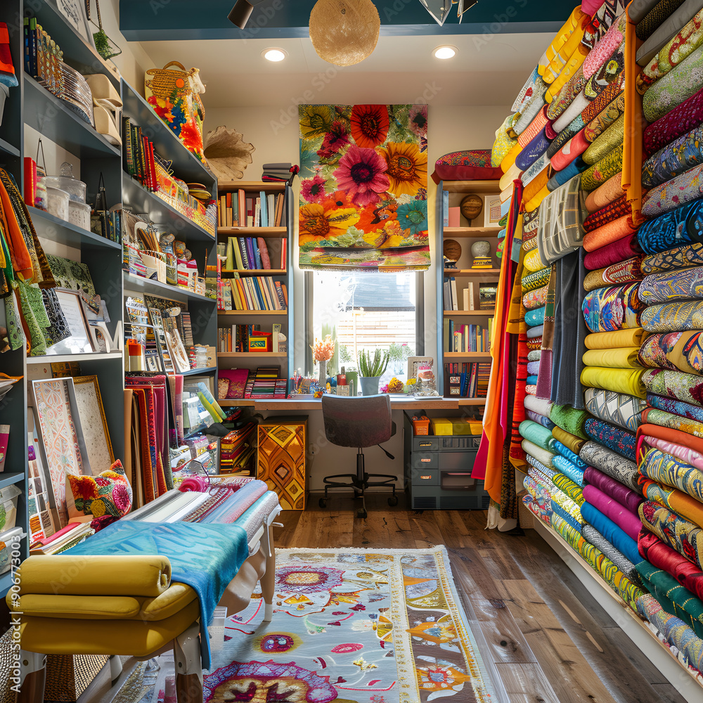 A colorful room with a desk and a window A colorful room with a desk and a window