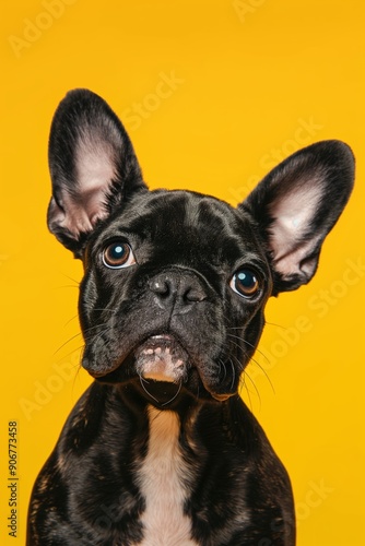 A black dog with brown ears and a white spot on its face is looking at the camera. The dog is standing on a yellow background