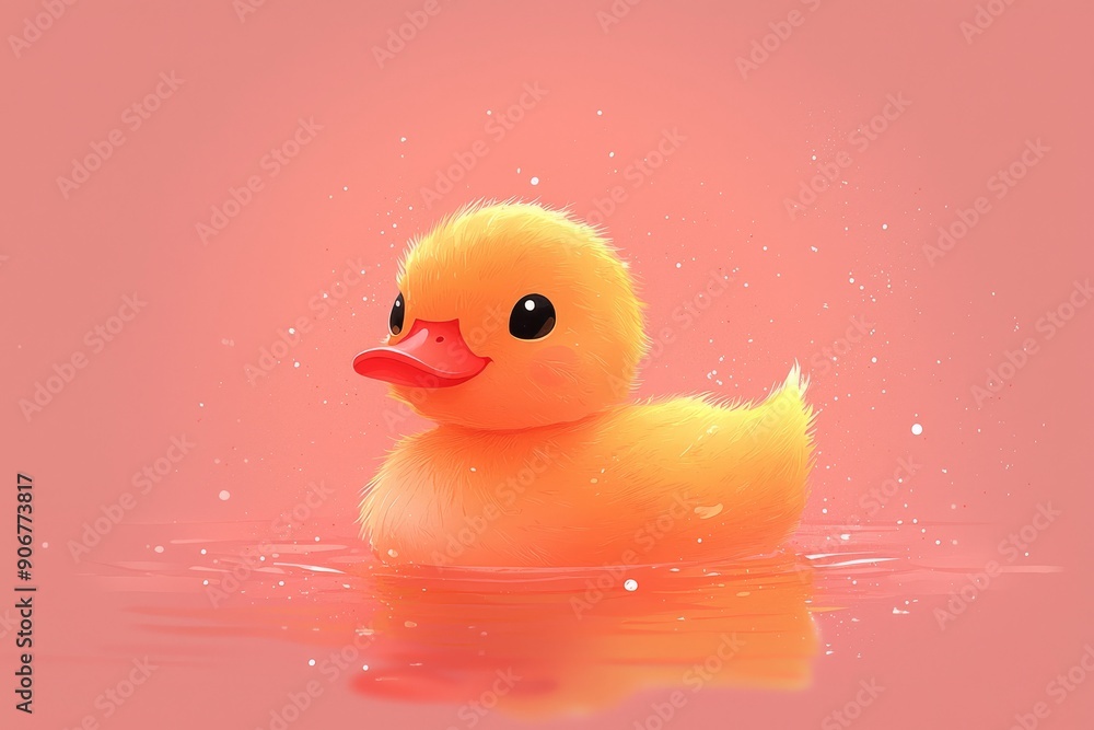 Cute Yellow Duckling Swimming in Pink Water Cute Yellow Duckling Swimming in Pink Water