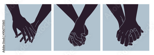 Hand in hand set. Hand holding other hand. Together, couple, love concept. Vector illustration