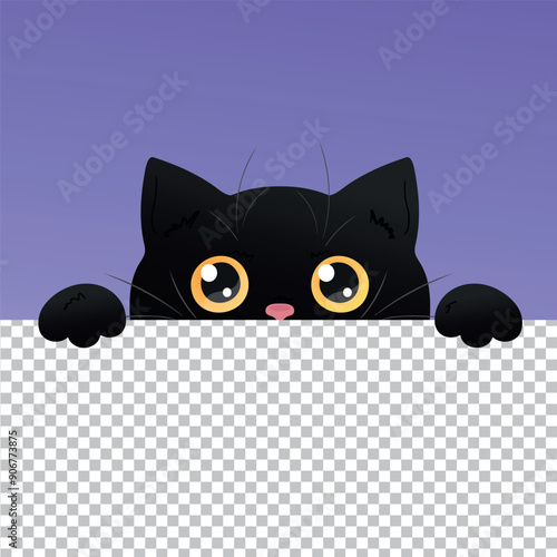 Cute black peeking cat. Curious cat with big yellow eyes is looking out of transparent background. Vector illustration