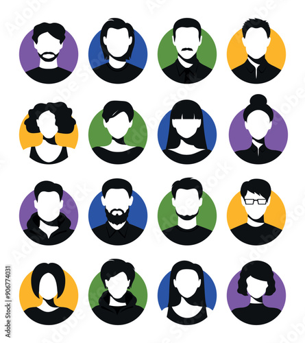 Female and male faceless silhouettes. Set of women and men round user avatars suitable for anonymous profiles, or abstract gender icons. Vector illustration