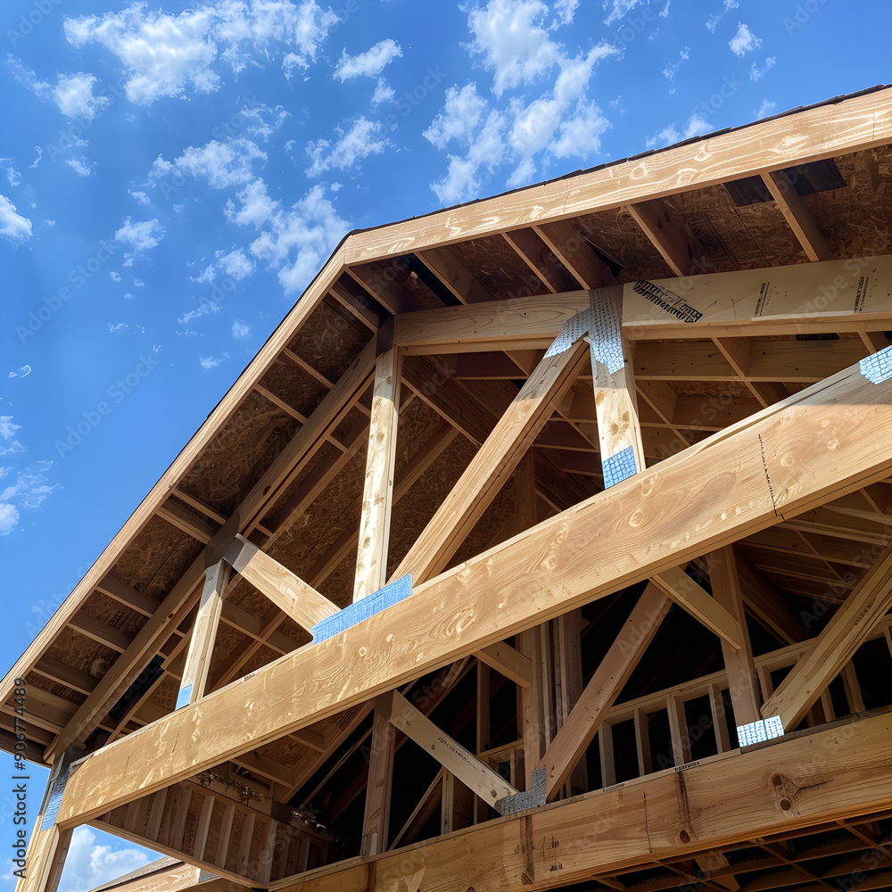 Obraz premium New home build with exposed rafters and framing is framed against a bright blue sky with white clouds
