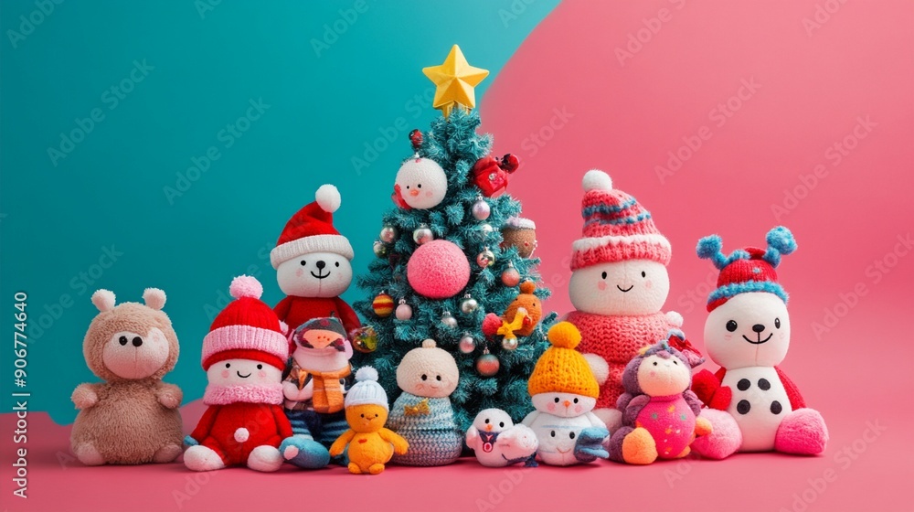 Festive knitted toy characters gather around a miniature Christmas tree, creating a cheerful holiday scene against a vibrant teal and pink background. Festive knitted toy characters gather around a miniature Christmas tree, creating a cheerful holiday scene against a vibrant teal and pink background.