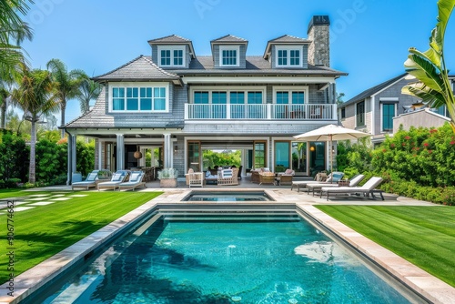 Beautiful two-story Cape Cod beach house with outdoor patio, pool, bright blue sky, lush green lawn, poolside chairs, large stone pathway to front door, light grey shingle walls, and large staircase