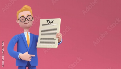 A cheerful character in a suit holds a tax form, perfect for financial and accounting visuals.