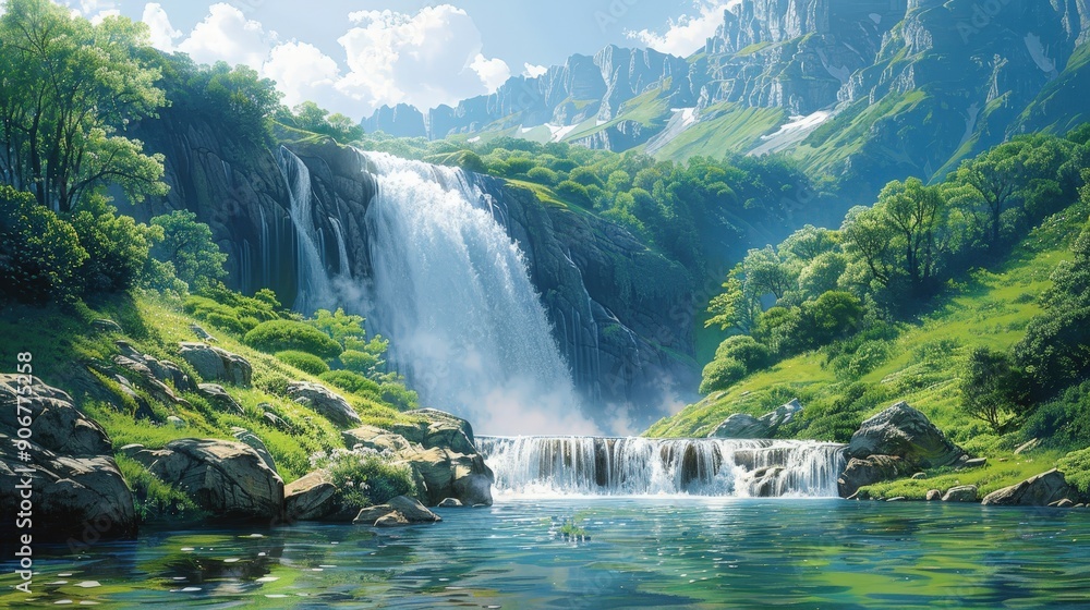 Naklejka premium Majestic Waterfalls in a Lush, Verdant Landscape