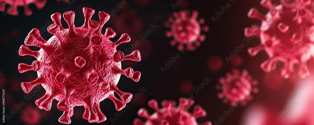 Scientifically inspired stock photo of a dominant red viral particle with a contrasting abstract background, emphasizing the threat of viruses to human health Scientifically inspired stock photo of a dominant red viral particle with a contrasting abstract background, emphasizing the threat of viruses to human health
