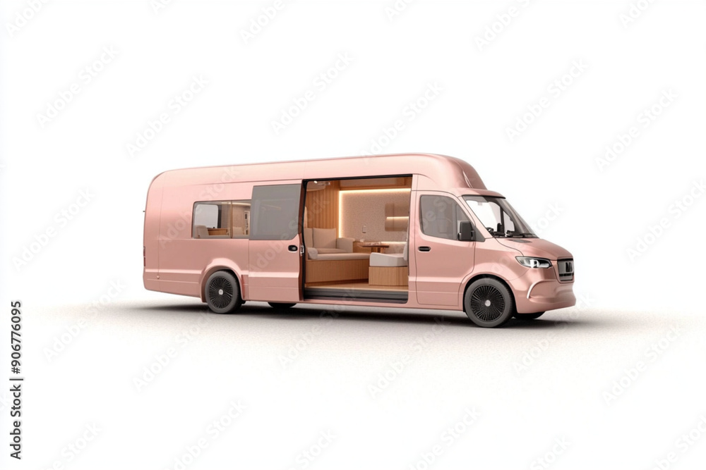 Fototapeta premium Pink luxury camper van showing interior living space on white background template