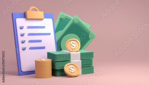 A modern illustration of money, a clipboard, and cash, perfect for finance and budgeting themes in digital content.