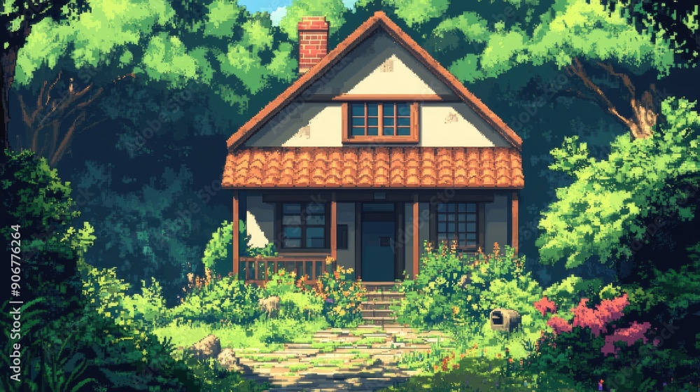 An 8-bit pixel art house nestled in a lush forest, ideal for an anime-style isekai background with vibrant daytime colors An 8-bit pixel art house nestled in a lush forest, ideal for an anime-style isekai background with vibrant daytime colors