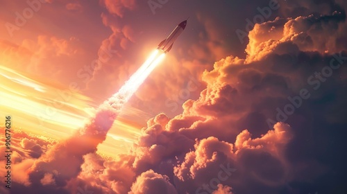 A space shuttle lifts off from the launchpad, soaring into the sky