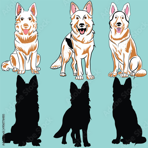 dog colourful and Silhouette Illustration set