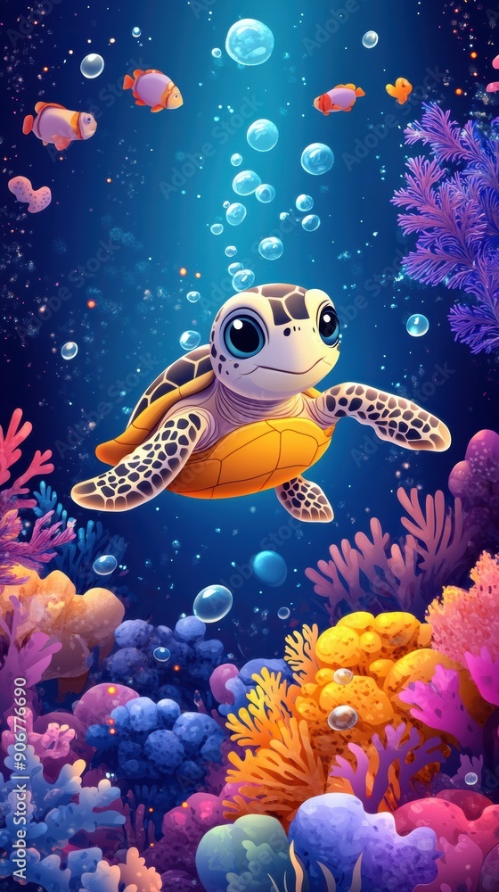 Fototapeta premium Colorful Sea Turtle Swimming Among Vibrant Coral Reefs