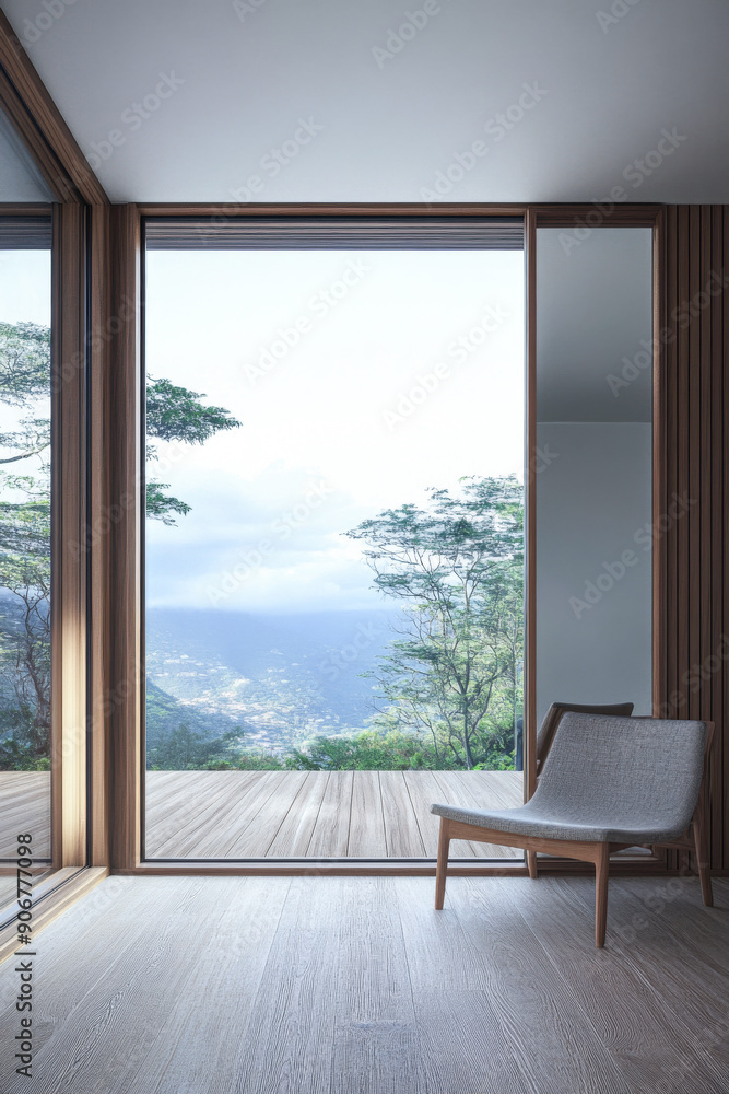 Fototapeta premium Luxury apartment room interior with a large window together with minimalist furniture and decoration. Contemporary Real Estate interiors design.