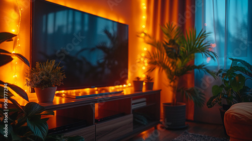 vista frontal mueble de tv en una sala minimalista iluminada de noche.