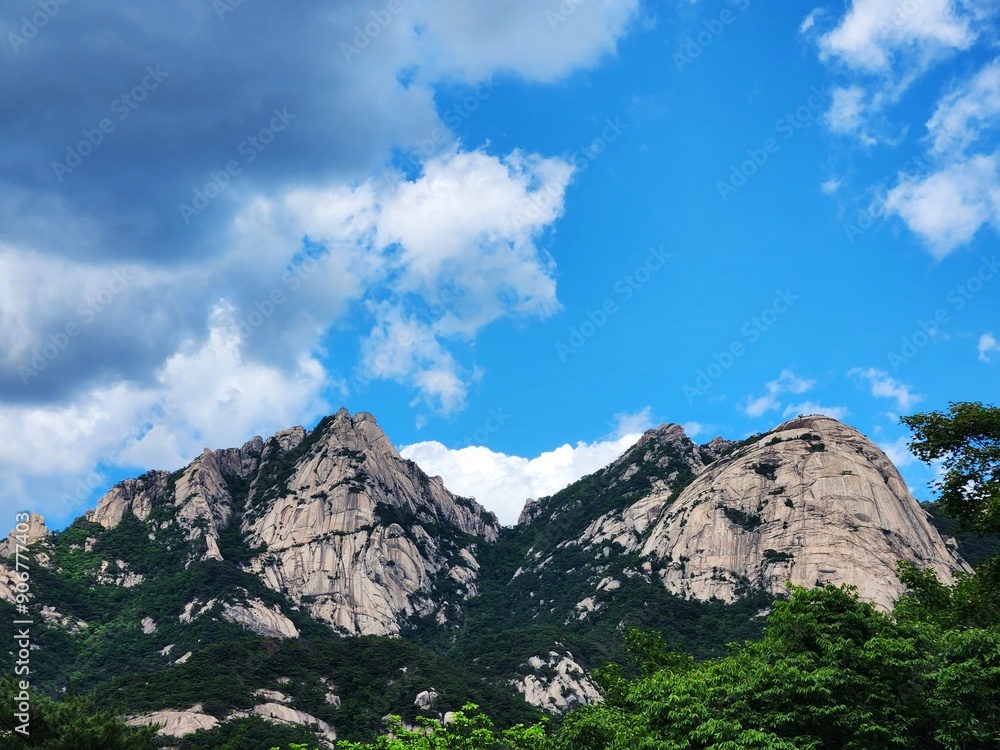 Fototapeta premium the top of Bukhansan Mountain in Korea in sunny weather. hiking in korea. mountains Korea Seoul