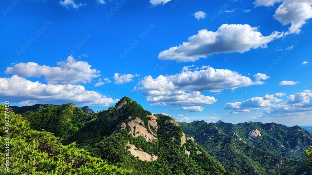 Fototapeta premium the top of Bukhansan Mountain in Korea in sunny weather. hiking in korea. mountains Korea Seoul