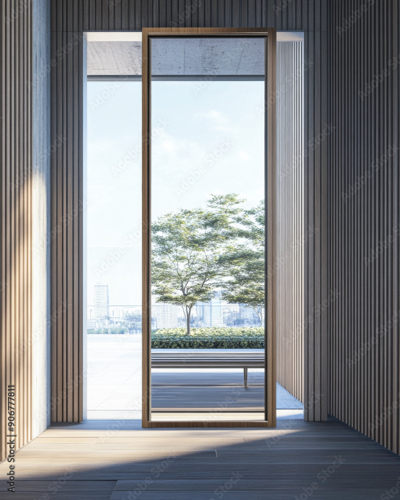 Fototapeta premium Luxury apartment room interior with a large window together with minimalist furniture and decoration. Contemporary Real Estate interiors design.