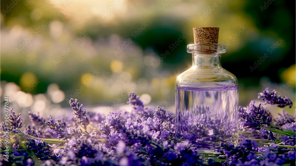 lavender essential oil in glass bottle with fresh lavender flowers lavender essential oil in glass bottle with fresh lavender flowers