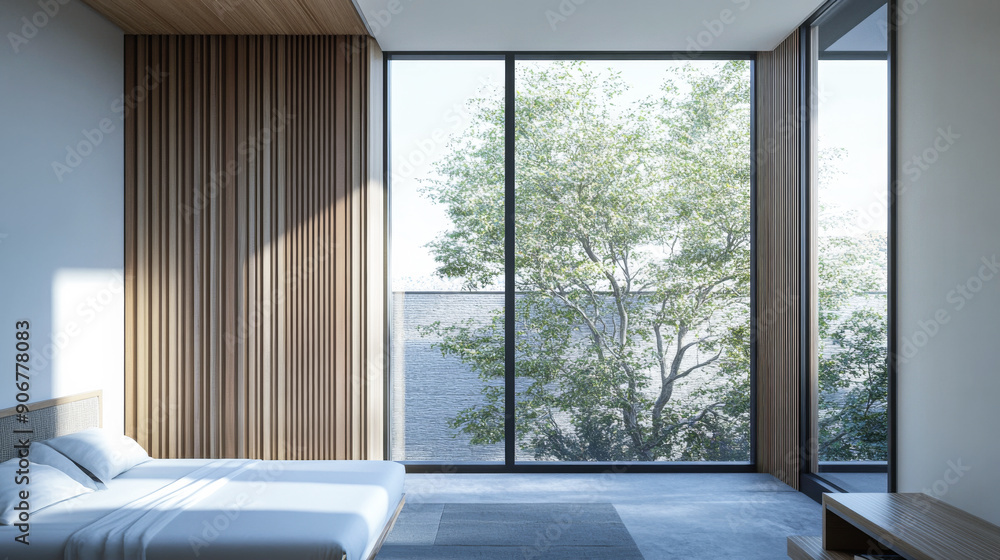 Luxury apartment room interior with a large window together with minimalist furniture and decoration. Contemporary Real Estate interiors design. Luxury apartment room interior with a large window together with minimalist furniture and decoration. Contemporary Real Estate interiors design.