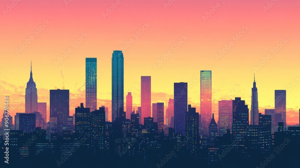 City skyline silhouette at sunset in vector style, highlighting skyscrapers against a colorful sky. City skyline silhouette at sunset in vector style, highlighting skyscrapers against a colorful sky.