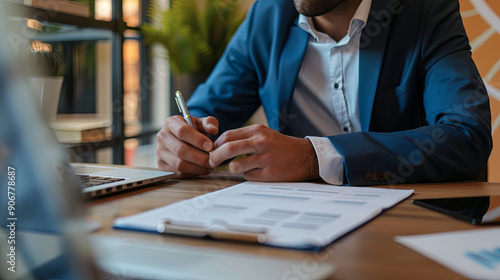 A professional human resources manager interviews a job candidate, asking questions and taking notes during a formal meeting in a modern office setting