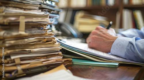 A diligent lawyer carefully reviews legal documents in a modern office setting, surrounded by stacks of case files, law books, and a laptop, showcasing professionalism and attention to detail