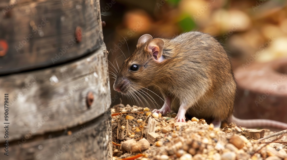 Brown wild rat near wooden composter Brown wild rat near wooden composter