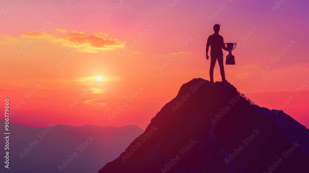 Silhouette of a businessman holding a trophy on top of a mountain with sunset Ideas for doing business successfully Silhouette of a businessman holding a trophy on top of a mountain with sunset Ideas for doing business successfully