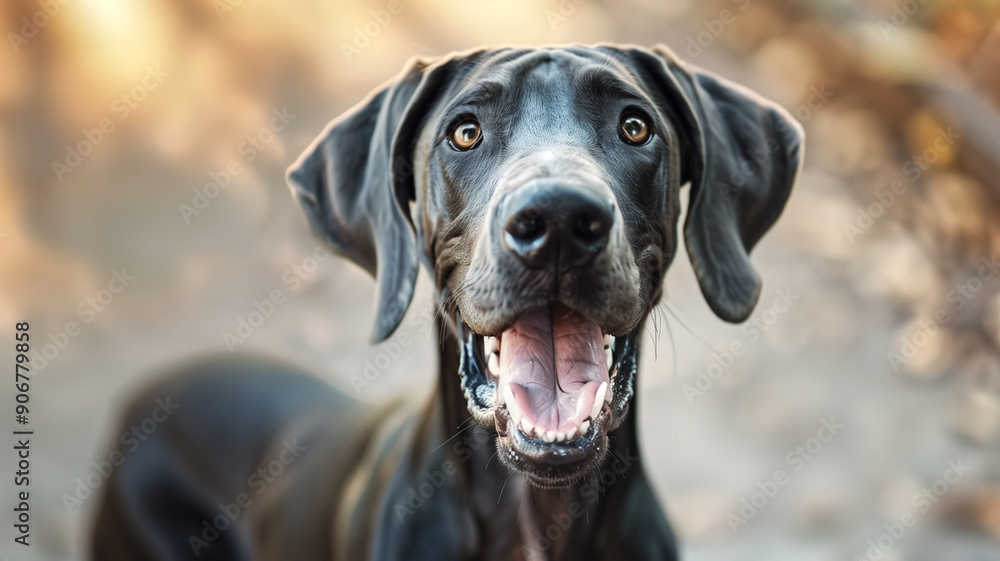 Close up portrait of a happy black Great Dane dog looking at the camera with mouth open on a blurred background Close up portrait of a happy black Great Dane dog looking at the camera with mouth open on a blurred background
