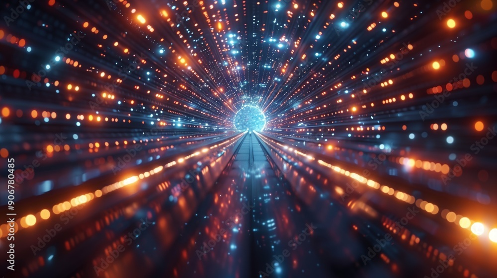 A mesmerizing tunnel of lights radiates hues of blue and orange, creating a sense of depth and movement through a digital universe. A mesmerizing tunnel of lights radiates hues of blue and orange, creating a sense of depth and movement through a digital universe.