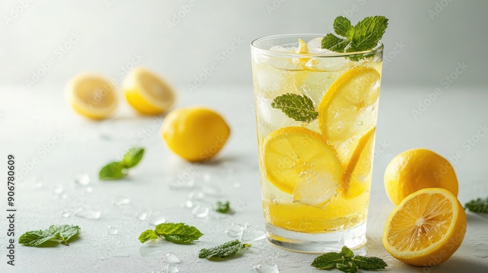 Summer Refreshment - Cool Lemonade with Ice and Fresh Mint Leaves on White Background Summer Refreshment - Cool Lemonade with Ice and Fresh Mint Leaves on White Background