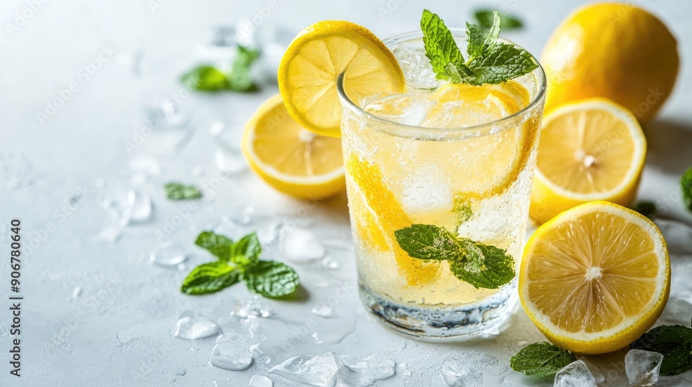 Zesty Lemonade Chill with Ice Cubes and Fresh Mint Leaves on White Background Zesty Lemonade Chill with Ice Cubes and Fresh Mint Leaves on White Background
