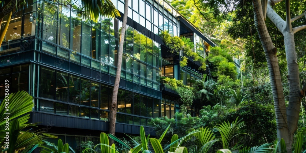 Eco-Friendly Modern Architecture: Green Skyscrapers Surrounded by Lush Vegetation for World Environment Day. Sustainable Urban Development Concept Showcasing Harmonious Blend of Nature and Office Bui Eco-Friendly Modern Architecture: Green Skyscrapers Surrounded by Lush Vegetation for World Environment Day. Sustainable Urban Development Concept Showcasing Harmonious Blend of Nature and Office Bui