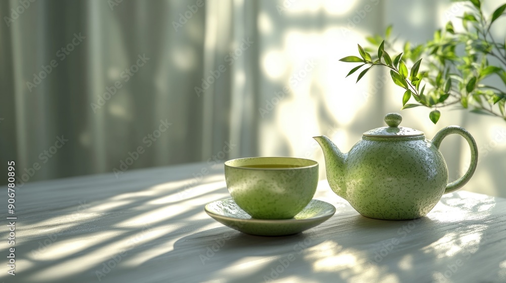 Serene Tea Time - Cup of Green Tea with Teapot on White Background Serene Tea Time - Cup of Green Tea with Teapot on White Background
