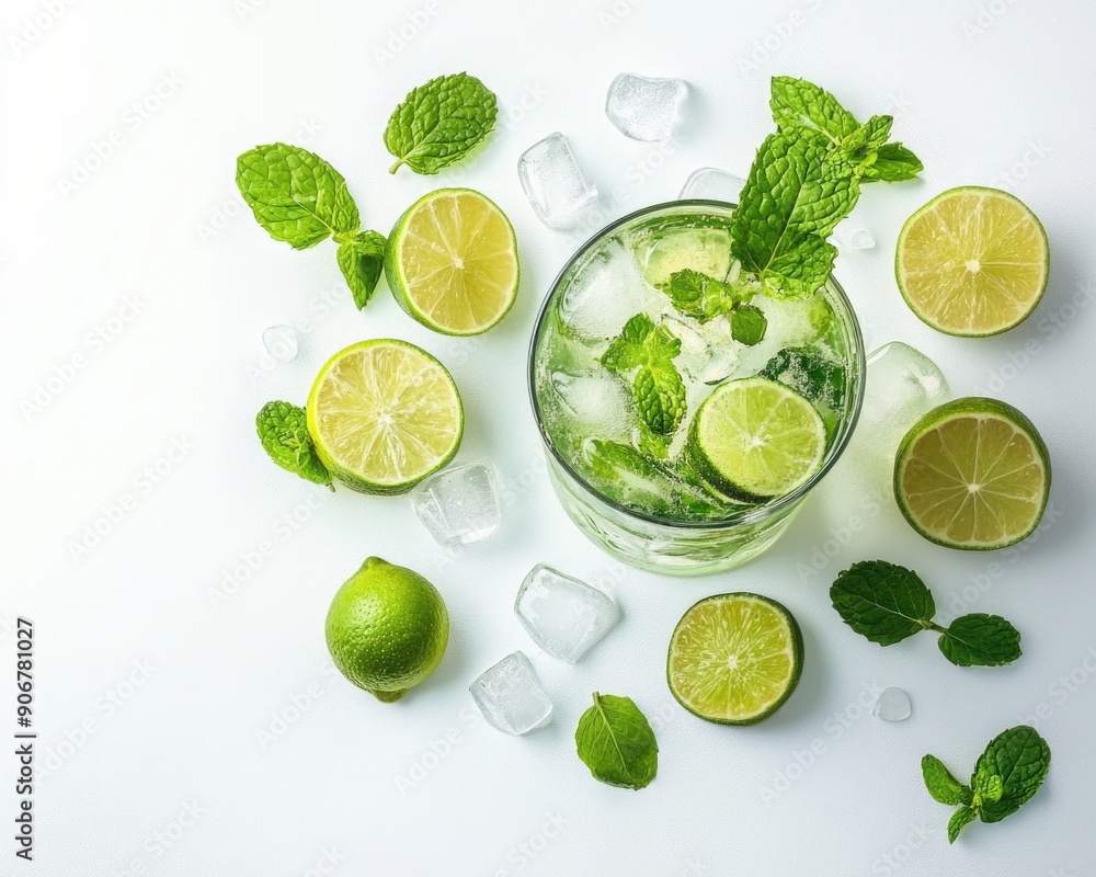 A Zesty Refreshment: Mojito Cocktail with Fresh Lime and Mint Leaves on a Clean White Background A Zesty Refreshment: Mojito Cocktail with Fresh Lime and Mint Leaves on a Clean White Background