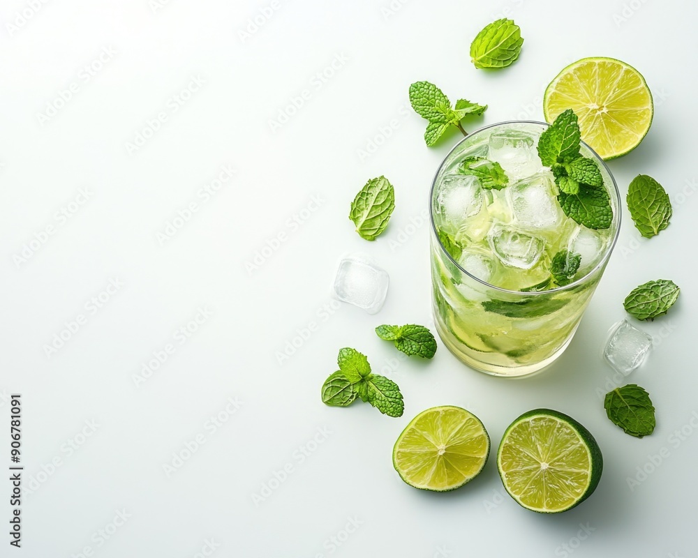 Zesty Mojito Bliss - Fresh Lime and Mint Cocktail Delightfully Served on White Background Zesty Mojito Bliss - Fresh Lime and Mint Cocktail Delightfully Served on White Background
