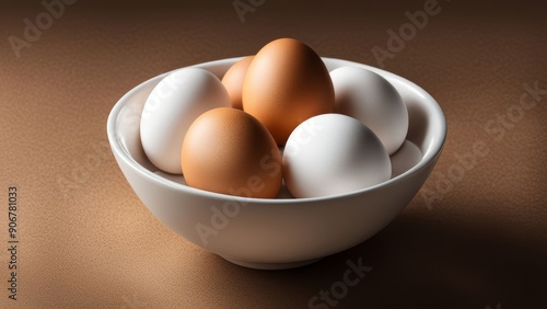 several eggs in a white bowl on the table