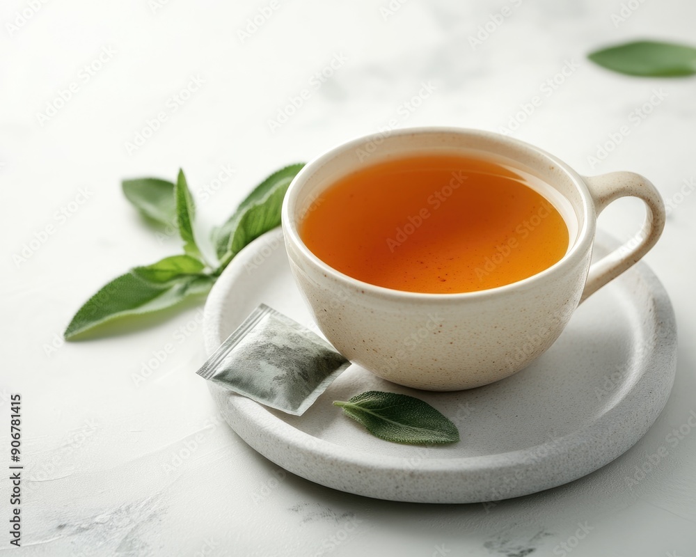 Tranquil Cup of Herbal Tea with Tea Bag on White Background - Relaxation and Wellness Concept Tranquil Cup of Herbal Tea with Tea Bag on White Background - Relaxation and Wellness Concept