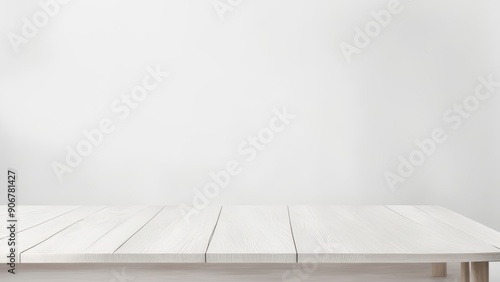 empty white wooden table foreground isolated white wall background
