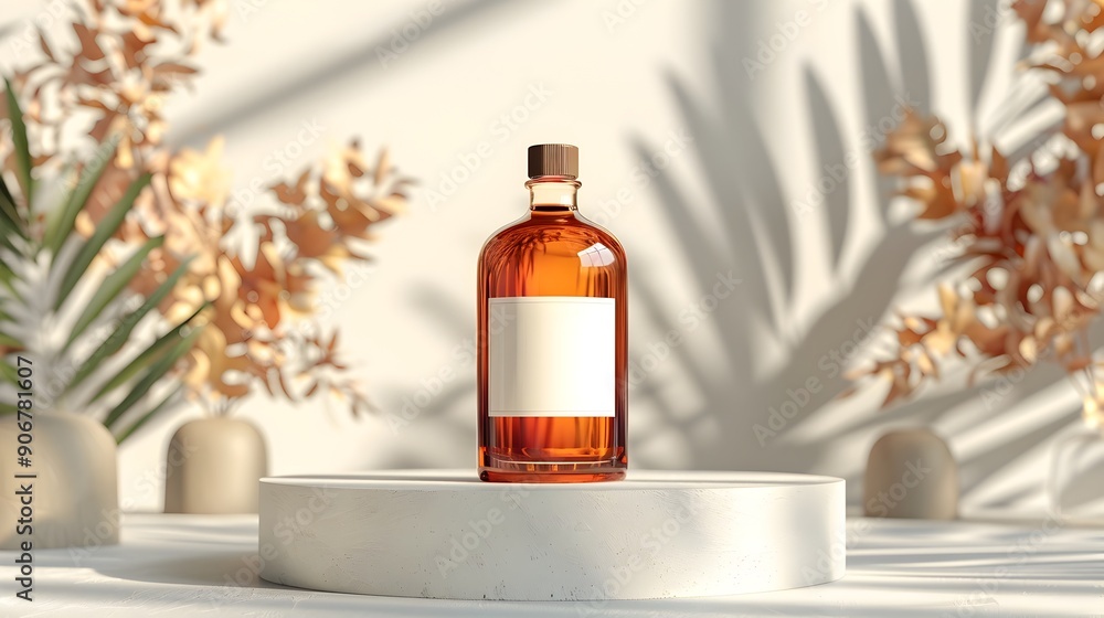 Oval Glass Bottle with Blank Label on Podium Stand with Studio Lighting Oval Glass Bottle with Blank Label on Podium Stand with Studio Lighting