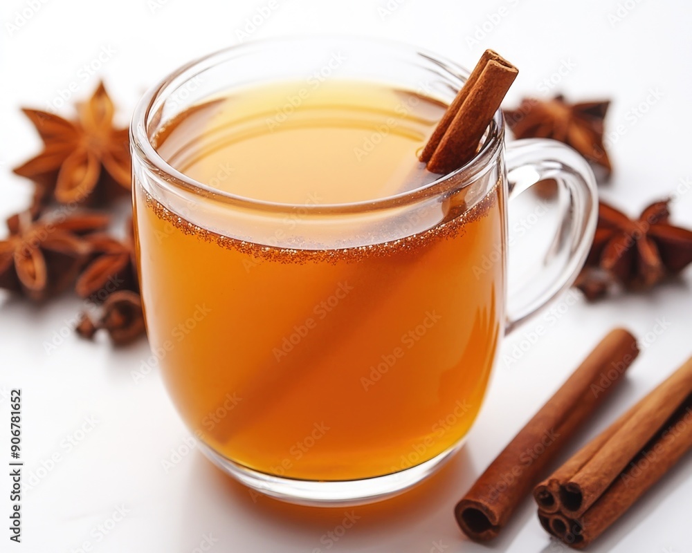 Refreshing Apple Cider Drink with Cinnamon Sticks on White Background Refreshing Apple Cider Drink with Cinnamon Sticks on White Background