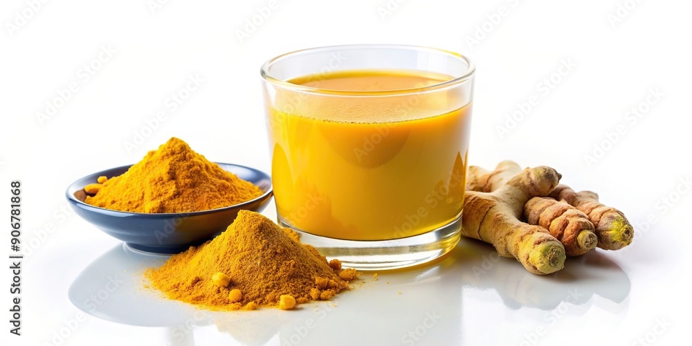 A stock photo featuring a symmetrical composition of turmeric water and turmeric powder on a plain white background creating an aesthetically pleasing and visually appealing image A stock photo featuring a symmetrical composition of turmeric water and turmeric powder on a plain white background creating an aesthetically pleasing and visually appealing image