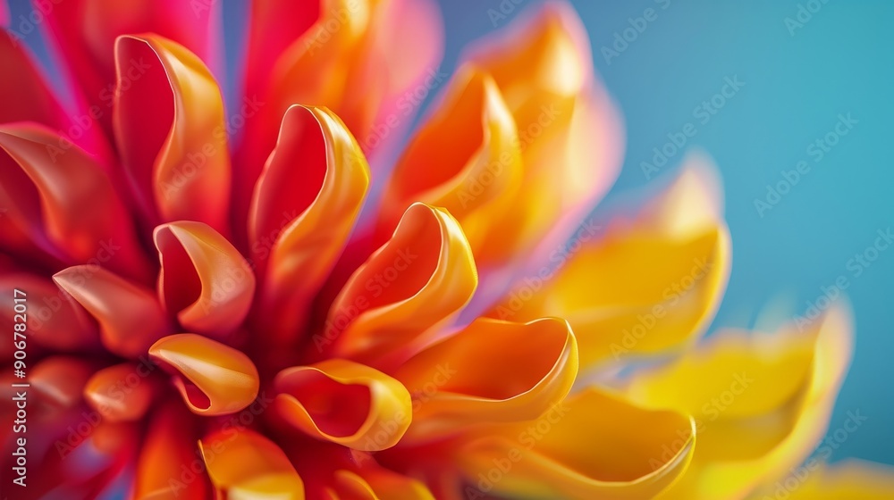 Abstract close-up of a vibrant, colorful flower with petals in shades of red, orange, and yellow against a blue background. Abstract close-up of a vibrant, colorful flower with petals in shades of red, orange, and yellow against a blue background.